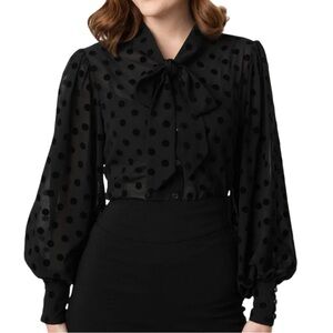 UNIQUE VINTAGE Black Flocked Polka Dot Tie Neck Gwen Blouse Size Small
